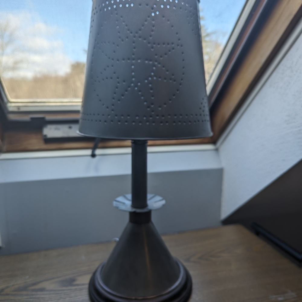 Punched Tin Lamp 22 inches tall. Working push switch and long cord and plug.